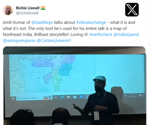 Amit Kumar of @EastMojo talks about #climatechange - what it is and what it's not. The only tool he's used for his entire talk is a map of Northeast India.